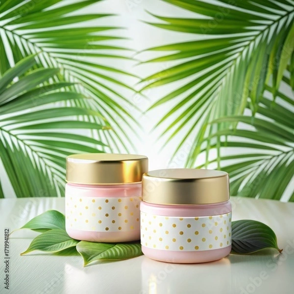 Fototapeta two jars of cream close-up against a background of decorative leaves