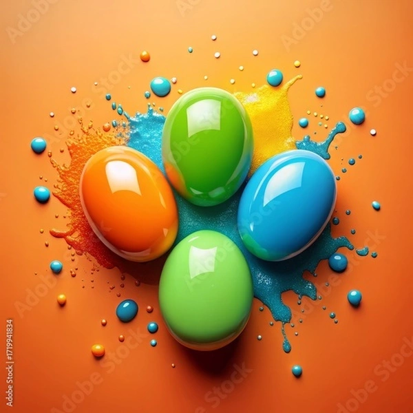 Fototapeta eggs painted in different colors with drops of paint on a bright background