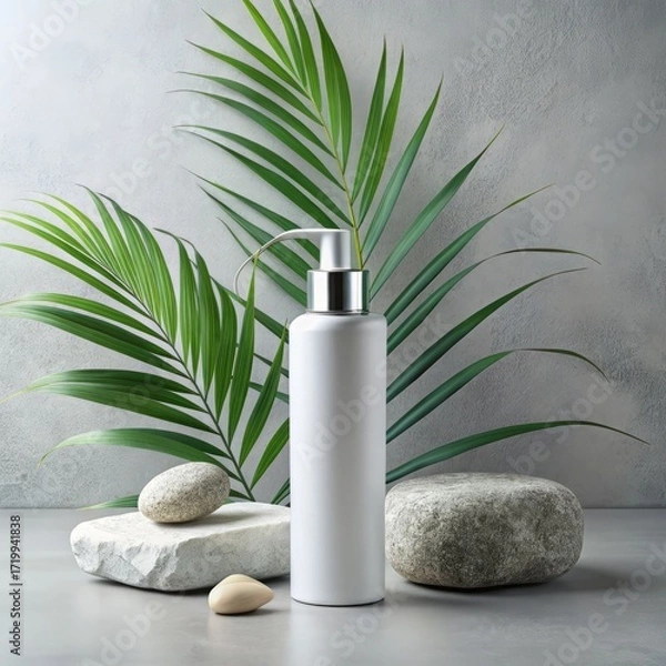 Fototapeta A bottle of hair foam stands next to a stone and decorative plants on a plain background