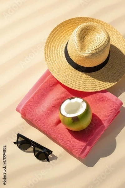 Fototapeta A beach towel with a coconut, sunglasses and a beach hat lie on the sand