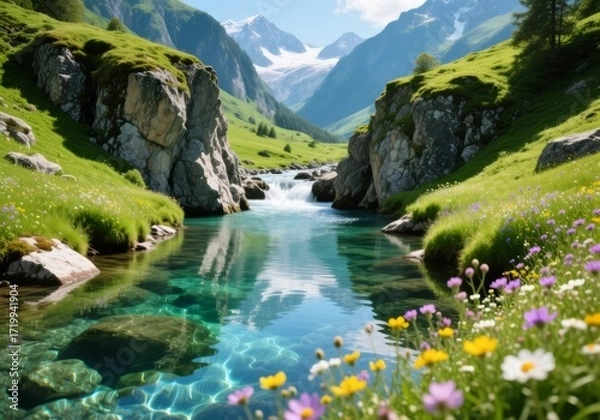 Fototapeta Alpine river between cliffs, meadows and wildflowers around
