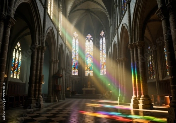 Fototapeta Gothic cathedral with stained-glass windows, stone arches, and colorful light beams
