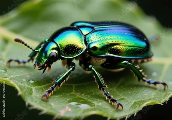Fototapeta Macro of exotic beetle with green-blue iridescent shell on a leaf