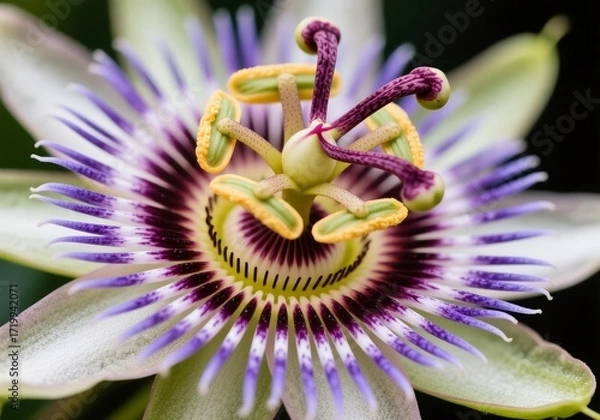 Fototapeta Macro of passionflower in bloom, detailed petals and pollen