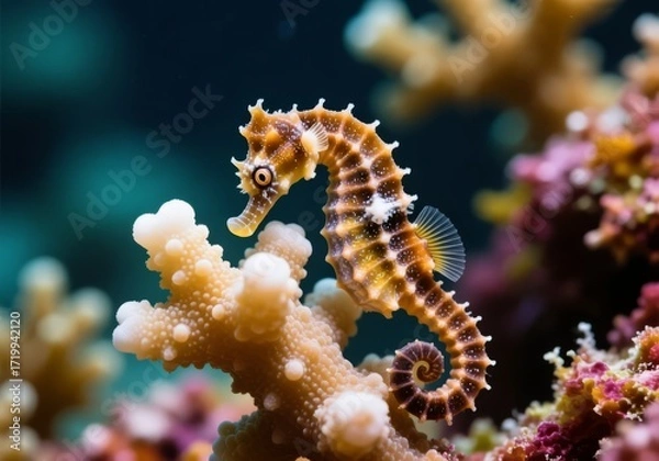 Fototapeta Macro of tiny seahorse clinging to coral, vibrant reef background