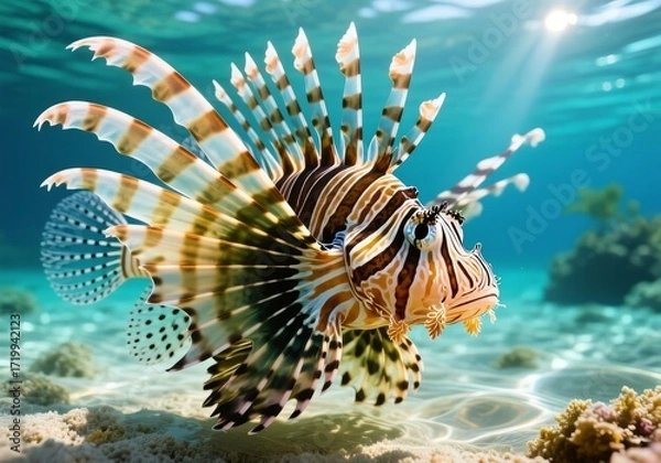 Fototapeta Close-up of lionfish with striped fins spread in shallow tropical water