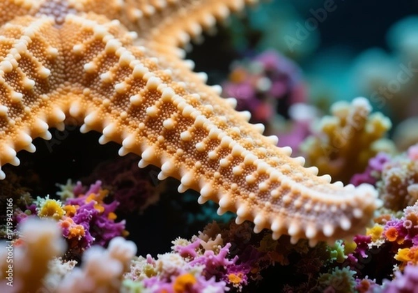 Fototapeta Macro of starfish arm showing tiny tube feet on coral surface