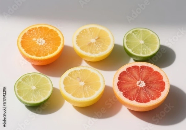 Fototapeta Sliced citrus fruits (orange, lemon, lime, grapefruit) arranged neatly, vibrant colors