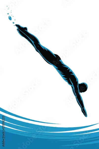 Obraz Swimmer Diving Silhouette Vector — High-Quality Black Icon
