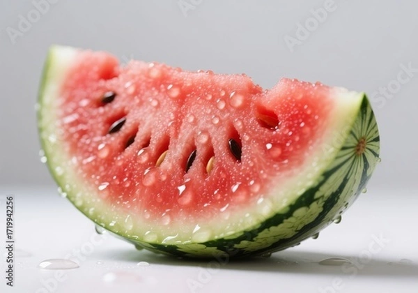 Fototapeta Watermelon slice with juicy texture and droplets, minimal background