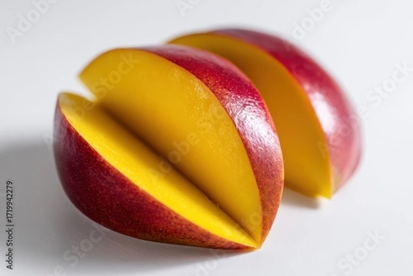 Fototapeta Closeup of fresh ripe mango slices arranged neatly on clean white surface