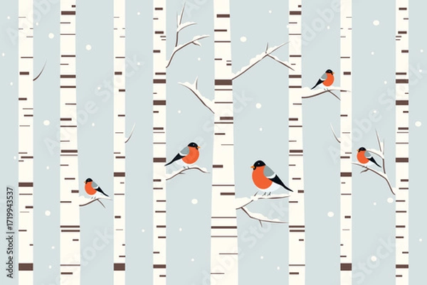Fototapeta Bullfinches on birch trees in a winter forest. Beautiful birds perch on trees in a winter forest in snowy weather. Vector illustration of a winter forest with bullfinches for backgrounds and design.