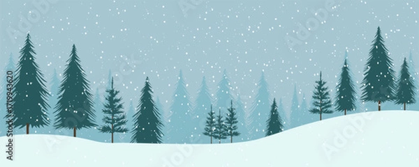 Fototapeta Beautiful winter mountain landscape with a foggy forest, snowdrifts, and falling snow. Winter mountains and forest in snowy weather. Vector illustration of winter nature for Christmas design.