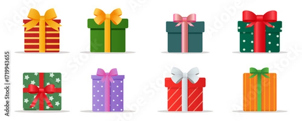 Fototapeta Colorful gift boxes with ribbon for decoration. A set of gift boxes of various shapes and colors for Christmas. A beautiful collection of gift boxes, vector illustration.