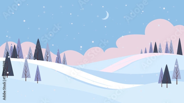 Fototapeta Beautiful winter twilight landscape. Winter evening nature scene with trees, snowdrifts, hills, and the moon in sunny weather. Vector landscape of Christmas night.
