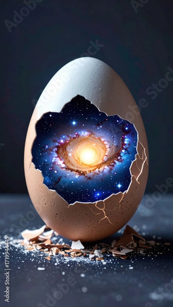 Fototapeta Cosmic egg cracked open revealing galaxy core, surreal cosmic breakfast, isolated scene on dark background with scattered shell, dreamy wonder