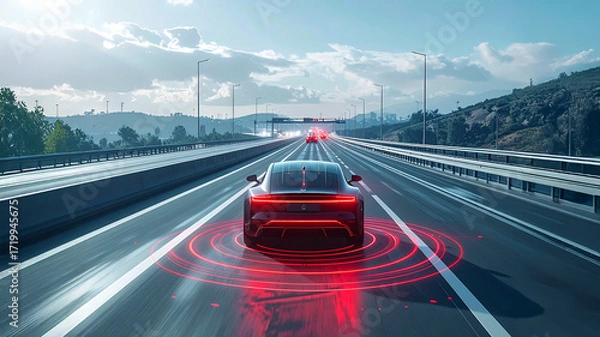 Fototapeta A self-driving car on a highway, emitting digital signals. This image captures autonomous technology, vehicle communication, and the future of smart transportation.