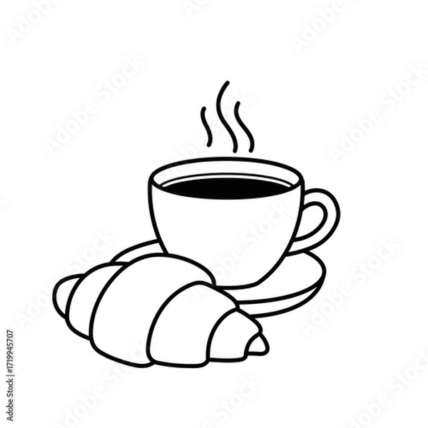 Fototapeta Coffee cup with croissant on a plate in minimalist line art  