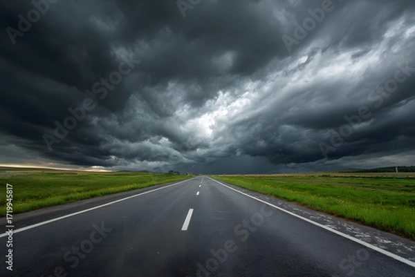 Fototapeta Empty Asphalt Road Extending Into Dark Clouds with Horizon Light