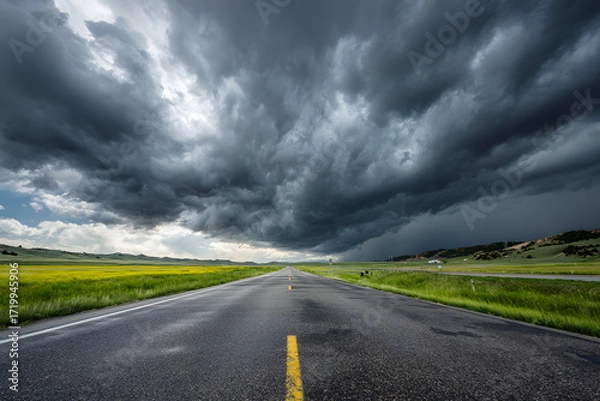 Fototapeta Metaphorical Road Scene with Storm Clouds and Light Beyond Horizon
