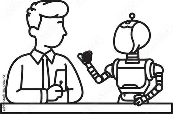 Fototapeta A set of clean vector illustrations showing human-robot interaction in education, work, and collaboration. EPS-ready line art for technology, STEM, and innovation themes