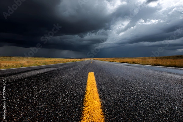 Fototapeta asphalt road in the field Empty Road Under Dark Storm Clouds Representing Inner Struggle