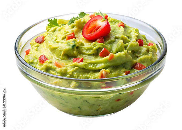 Fototapeta Fresh Guacamole in a Clear Glass Bowl with Toppings avocado spread isolated on a transparent background