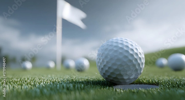 Fototapeta 3D Render of White Golf Ball Near Hole on Green Grass with Flag and Balls in Background