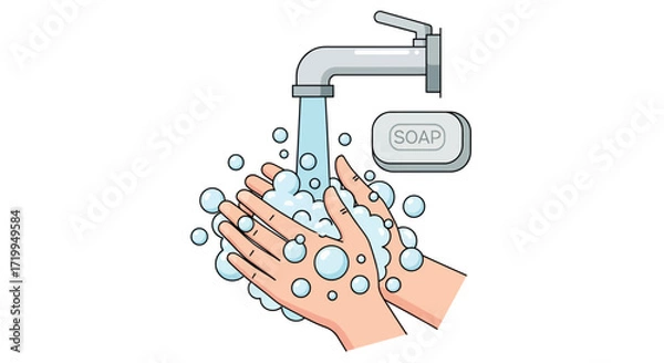 Fototapeta Illustration of hands being washed under running water with soap for hygiene.
