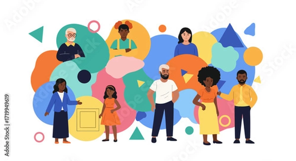Fototapeta A vibrant and colorful illustration depicting a diverse group of people of various ages, ethnicities, and genders, representing community and inclusion.