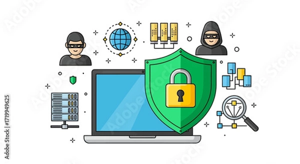 Fototapeta Illustration of cybersecurity concepts including a laptop, shield with a padlock, servers, hackers, and network diagrams.