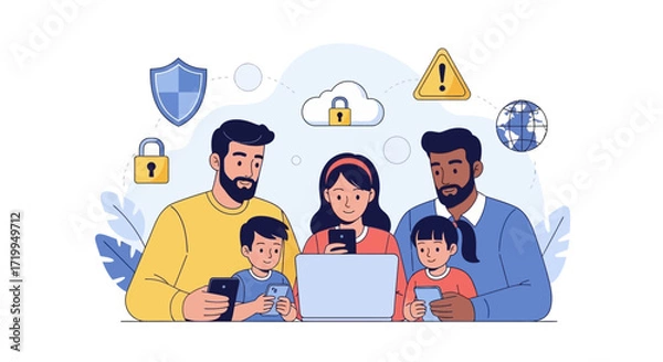 Fototapeta A diverse family using digital devices with icons representing online safety, data security, and internet risks.