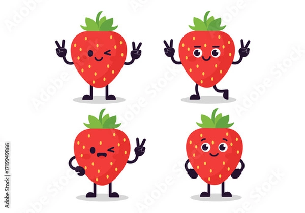 Fototapeta Four cute cartoon strawberry characters showing various emotions and making peace signs.