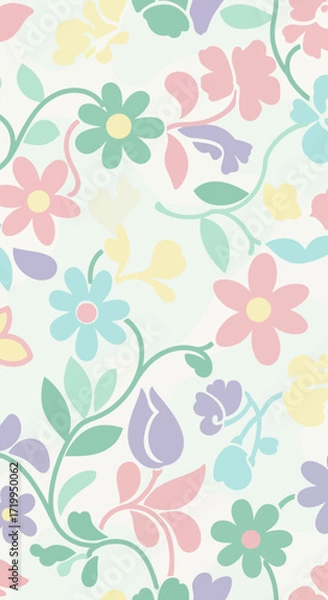 Fototapeta Pastel floral pattern with various flowers and vines on a light background.