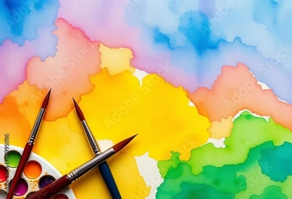 Fototapeta Vibrant watercolor washes on textured paper, paintbrushes, palettes,  vibrant,  header