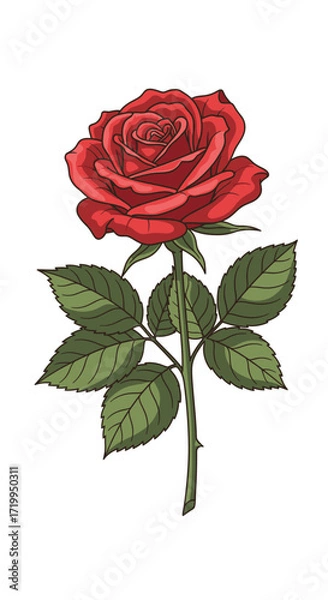 Fototapeta A detailed illustration of a single red rose in full bloom, complete with a green stem, leaves, and thorns.