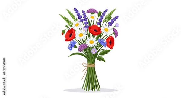 Fototapeta A vibrant bouquet of wildflowers, featuring red poppies, daisies, and lavender, tied with twine.