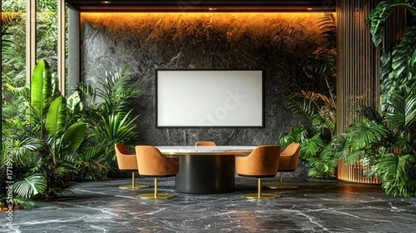 Fototapeta Modern Office Interior with White Frame Mockup and Green Tropical Plants