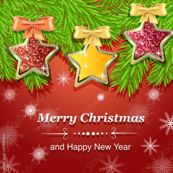 Fototapeta Festive Christmas and New Year background with red Christmas tree branches with stars and yellow ribbons and snowflakes. Vector illustration.