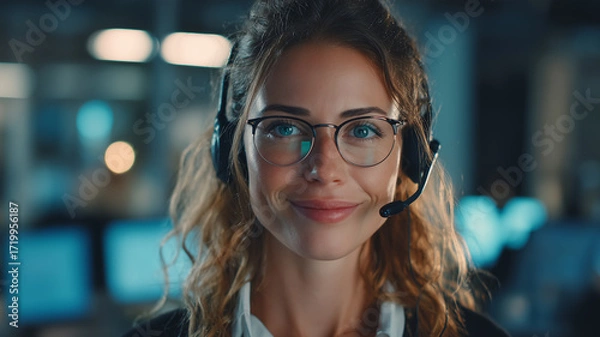 Fototapeta Young Professional Woman with Headset on Modern Call Center Background