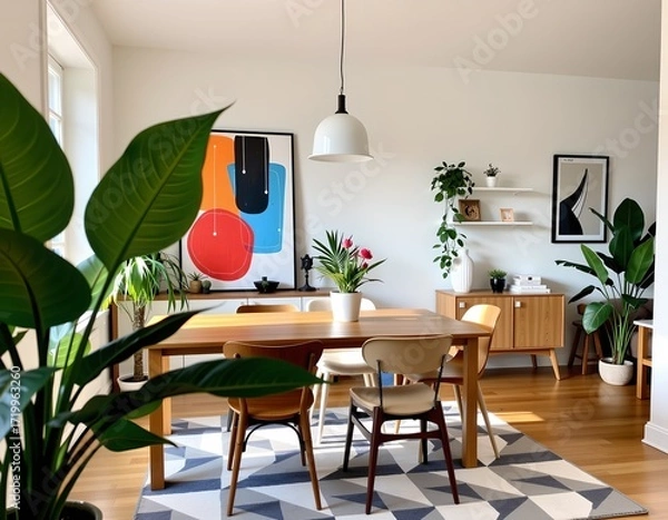 Fototapeta Modern Dining Area with Vintage Chairs and Greenery