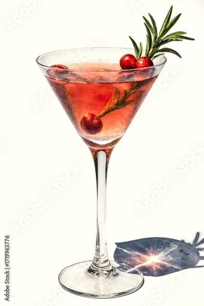 Fototapeta Refreshing red cocktail with berries and herbs served in a tall glass,  christmas, newyear 