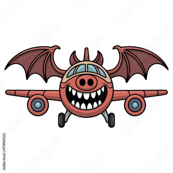 Fototapeta An airplane with monster features, with wings, a smiling mouth, and horns