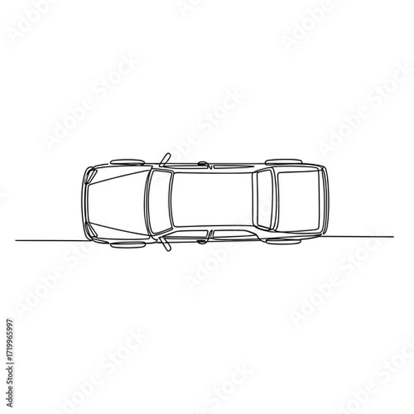 Fototapeta Top view of car in minimalist black line art on white background