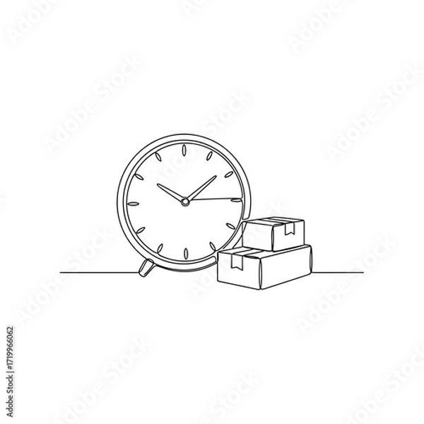 Fototapeta Clock and delivery boxes in continuous line drawing style