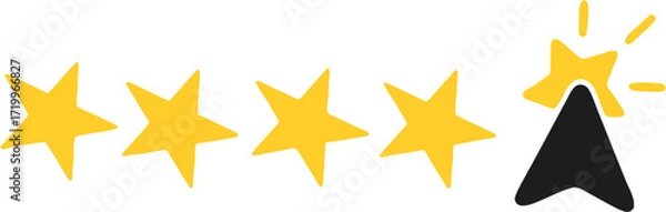 Fototapeta Five star rating with cursor click icon symbolizing customer feedback, online review, best quality service, satisfaction rating system, testimonial and user experience