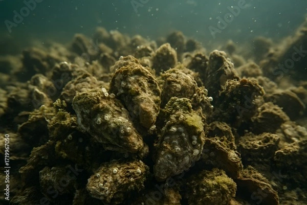 Obraz Dense Grouping of Oysters on the Ocean Floor with Visible Marine Life and Sediment in View