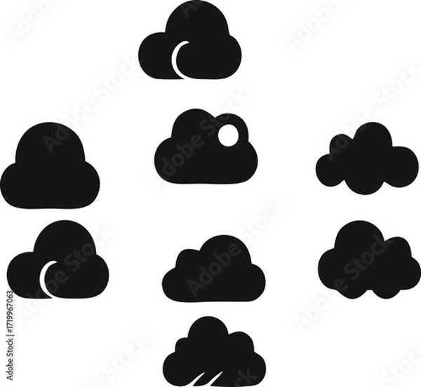 Fototapeta Set of simple black cloud icons in flat silhouette style representing weather forecast, sky elements, storm, rain, cloud computing and digital storage vector design
