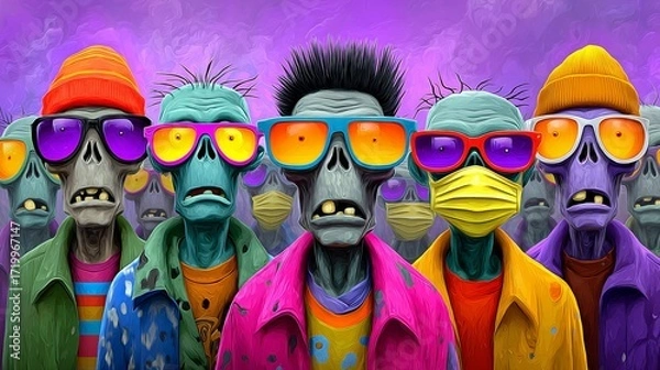 Fototapeta Group of zombies wearing sunglasses and masks. Scene is dark and eerie. The idea behind the image is to create a sense of fear and unease in the viewer