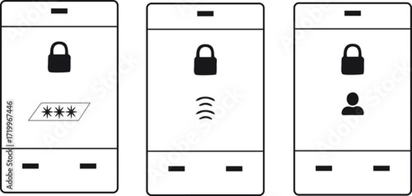 Fototapeta Modern smartphone security icons set showing password protection, biometric authentication, face recognition, and digital privacy technology for data safety and access
